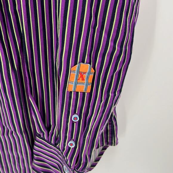 Robert Graham X Men's LS Stripe Button Front Shirt - Purple/Black/Lime - XL - Picture 3 of 7